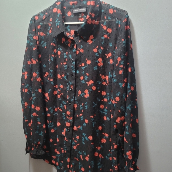 Lane Bryant Black Floral Sheer Button Up Shirt - Picture 2 of 8